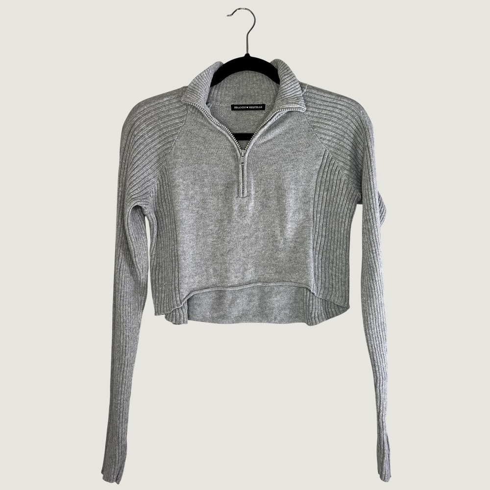 Brandy Melville Sweater Women OS Grey Quarter Zip Cropped Ribbed Cotton MH285
